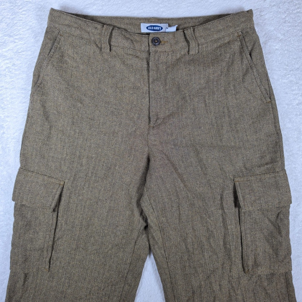 VTG Old Navy 111685-01-1 Mens 34/30 Green Wool Herringbone Cargo Button Up Pants